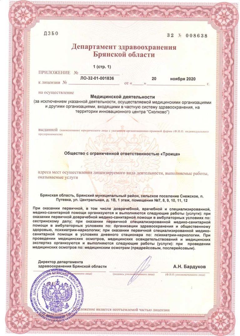 Приложение к медицинской лицензии клиники «Шанс Есть»